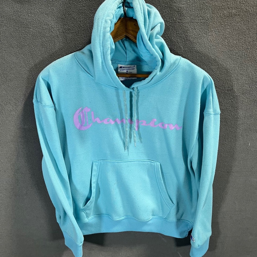 Champion Hoodie Light Blue Purple Script Logo Pullover Fleece Medium
